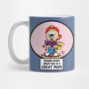 Behind every great kid is a great mom "Fritts Cartoons" Mug